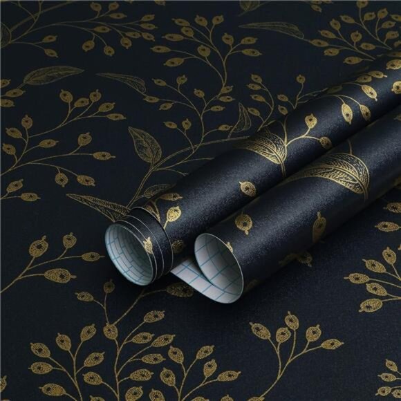 Peel and Stick Wallpaper Dark Blue Contact Paper Gold Floral Wall Paper - Picture 1 of 14